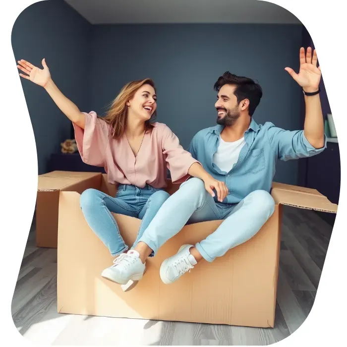 Two guys sitting on the floor of their apartment with Muval moving boxes